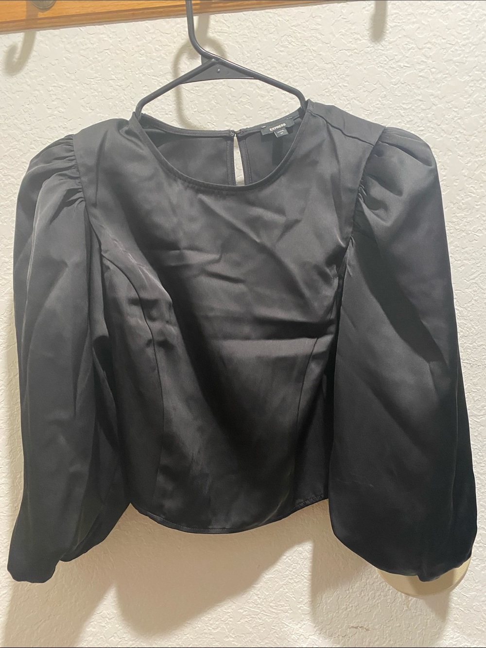 Express Black Satin Puff-Sleeve Blouse
